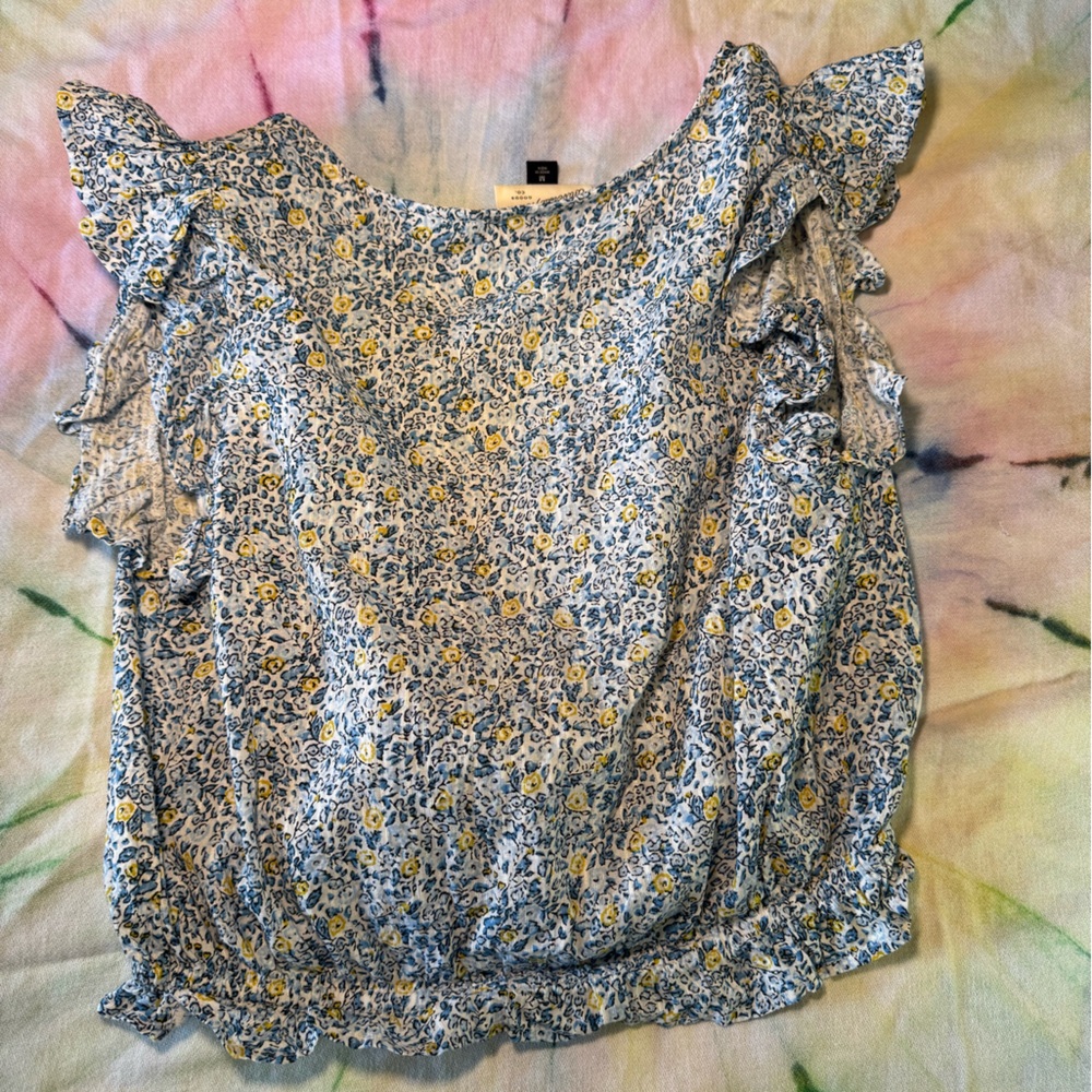 Universal Thread Blue and Yellow Floral wrap cropped top 100% cotton - Picture 5 of 6